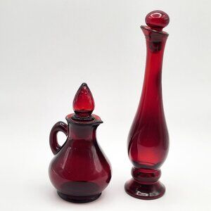 PAIR Vintage Avon Red Glass Bottles with Stoppers 5" Cruet 8" Perfume